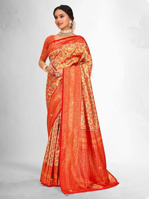 Orange Banarasi Silk Saree With Blouse Piece