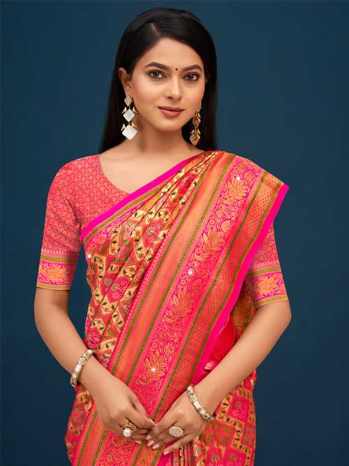 Pink Banarasi Silk Saree With Blouse Piece