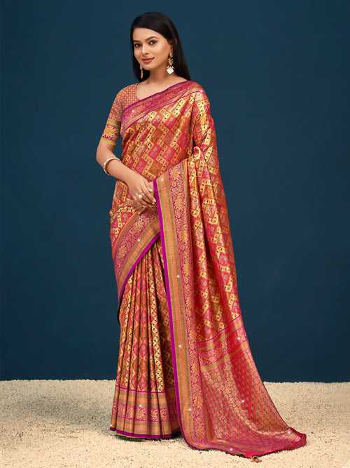 Wine Banarasi Silk Saree With Blouse Piece