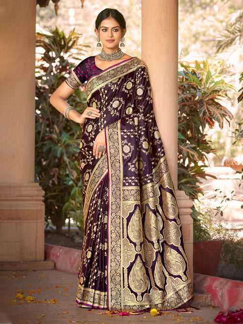 Purple Satin Silk Saree With Blouse Piece