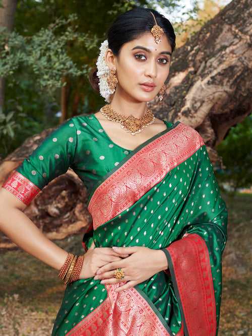 Green Banarasi Silk Saree With Blouse Piece