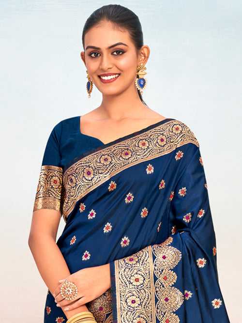 Navy Blue Silk Saree With Blouse Piece