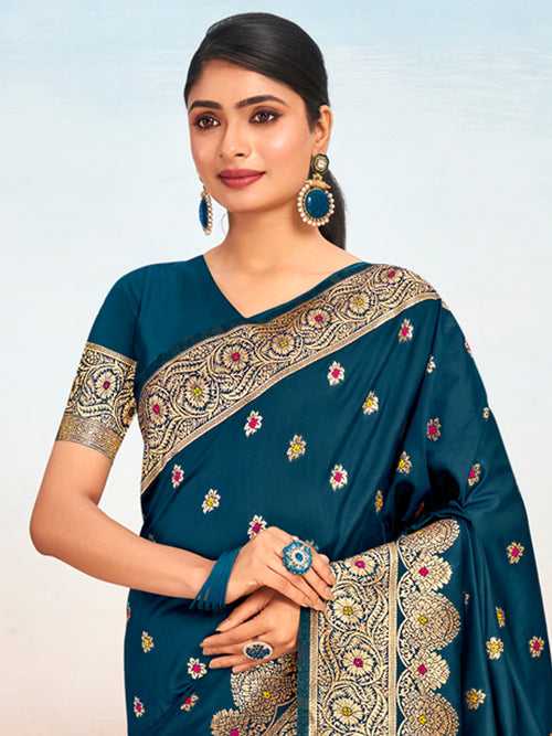 Navy Blue Silk Saree With Blouse Piece