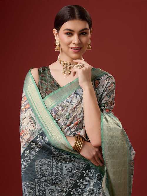 Multi Color Cotton Digital Print Saree With Blouse Piece