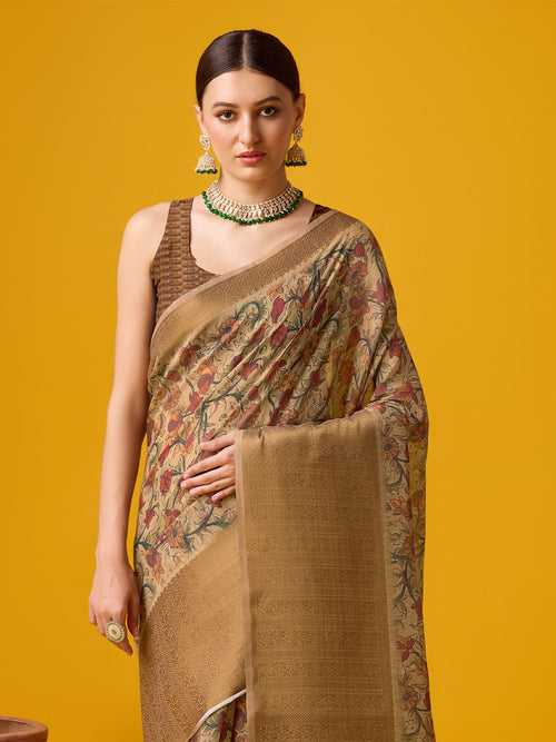 Brown Cotton Digital Print Saree With Blouse Piece