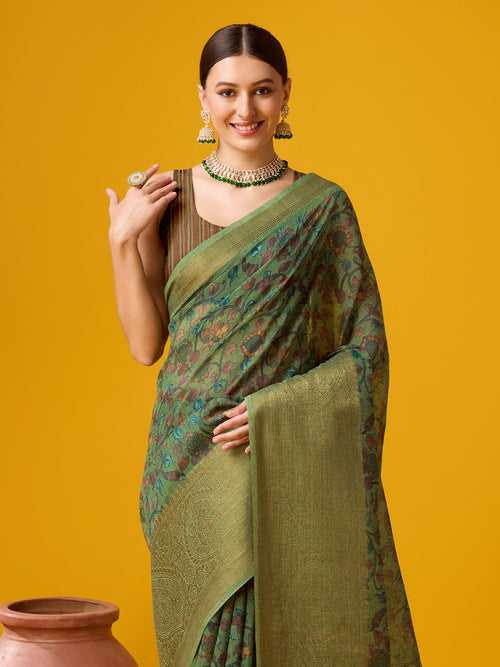 Green Cotton Digital Print Saree With Blouse Piece