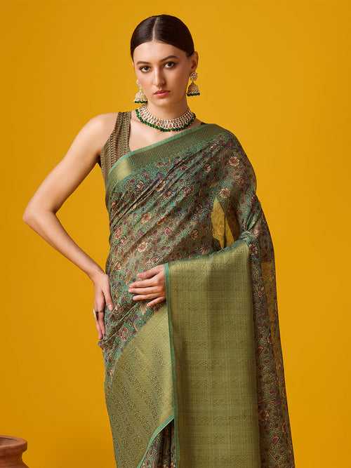 Green Cotton Digital Print Saree With Blouse Piece