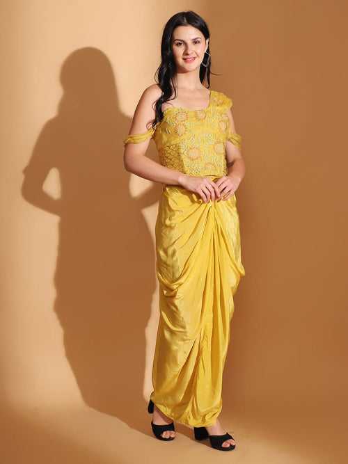 Yellow Off-Shoulder Corset Top and Cowl Drape Skirt