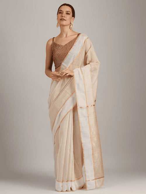 Off White Zari Chanderi Saree