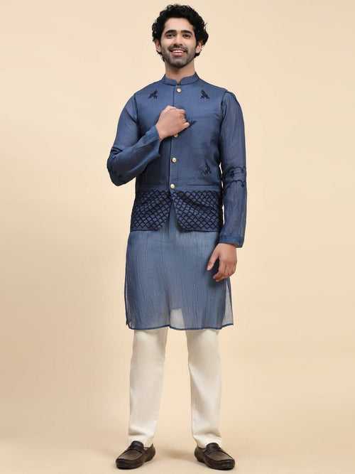 Blue Chikan Chanderi Men Kurta Set