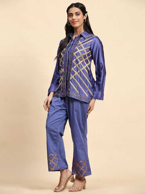 Blue Patch Work Silk Co-ord Set