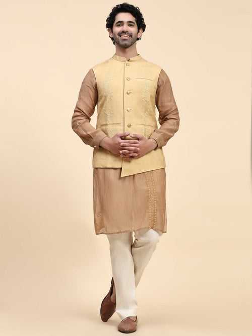 Brown Chikankari Cotton Men Kurta Set