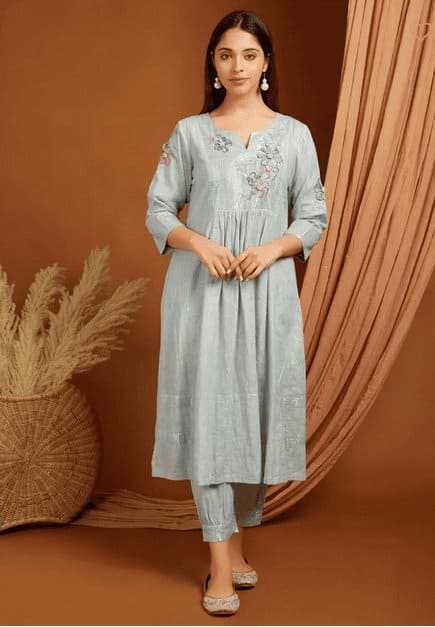 Grey Embroidered Linen Kurta Set