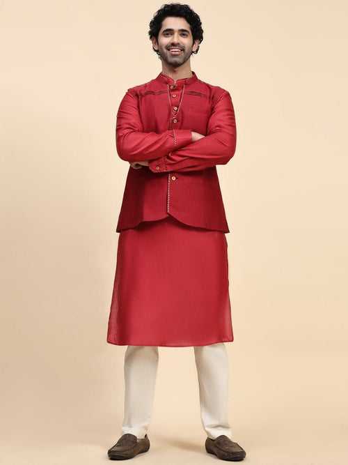 Red Chanderi Silk Men Kurta Set