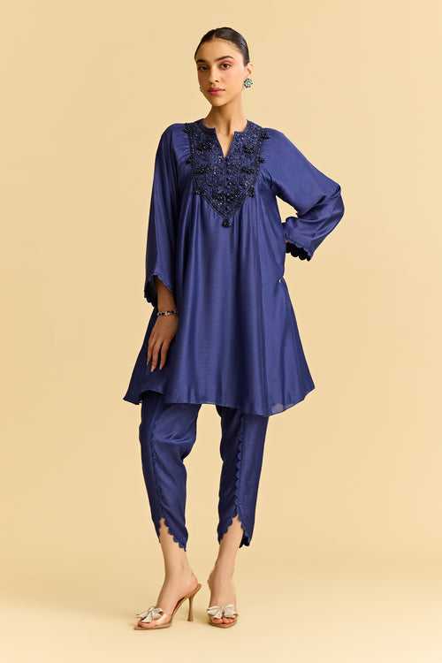 Blue Silk Short Kurta With Tulip Pants