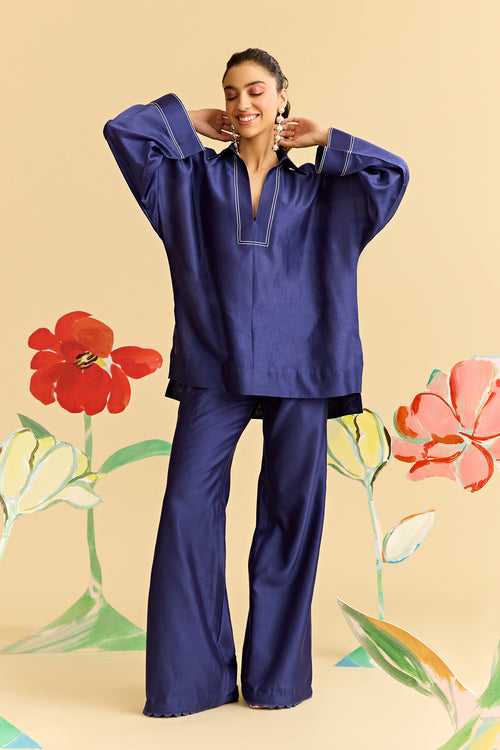 Blue Oversized Shirt With Flared Pants