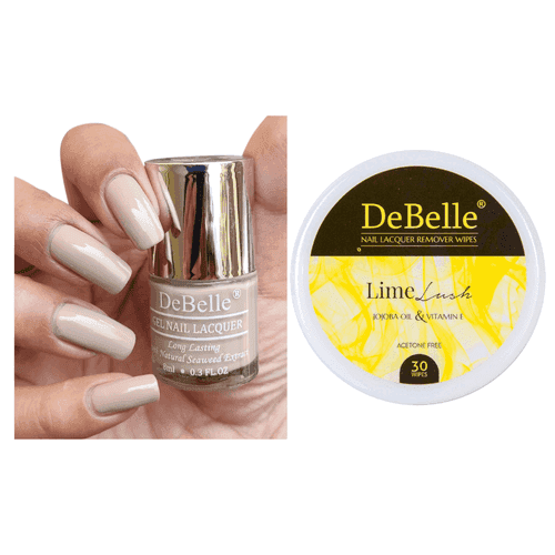 DeBelle Gel Nail Lacquer Victorian Beige & Lime Lush Nail Lacquer Remover Wipes Combo