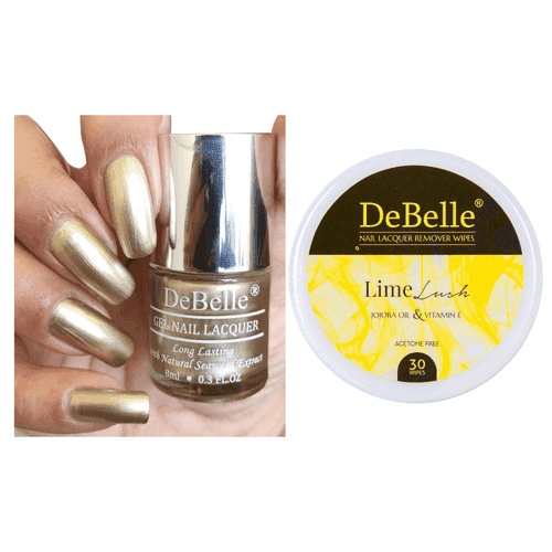 DeBelle Gel Nail Lacquer Chrome Gold & Lime Lush Nail Lacquer Remover Wipes Combo