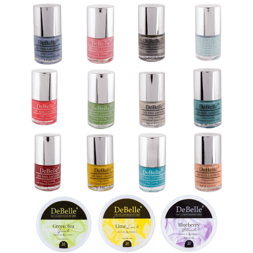 DeBelle Gel Nail Lacquers Combo of 12 + 3 Nail Lacquer Remover Wipes