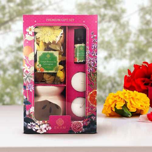 Ceramic Oil Warmer & Potpourri Gift Set | Orange Blossom & Lemongrass Scent