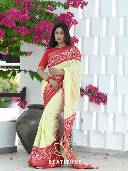 Yellow Tussar Embroidered Patola Border Saree