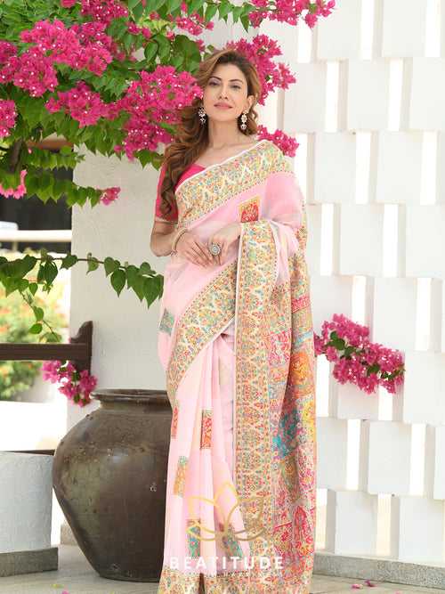 Pink Woven Kashmiri Design Saree