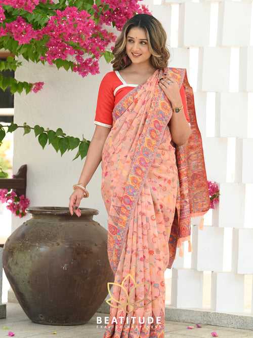 Peach Woven Kashmiri Design Saree