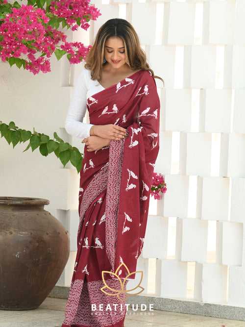 Red Mul Cotton Handblock Saree