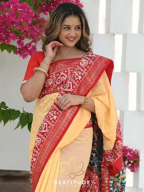 Yellow Tussar Embroidered Patola Border Saree