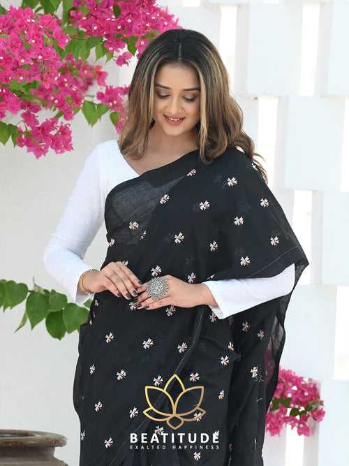 Black Khadi Floral Embroidered Saree