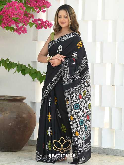 Black Mul Cotton Handblock Saree