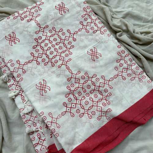 Karuna soft mul cotton saree with block printed kolams