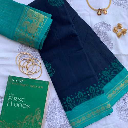 Poonkuzhali - cotton Sungudi with hand block prints and kattam blouse