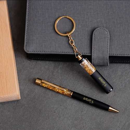 Personalized Gift Combo – Gold Flake Pen And Keychain Combo – Name on Pen & Keychain – Gift For Employee – Corporate Gift
