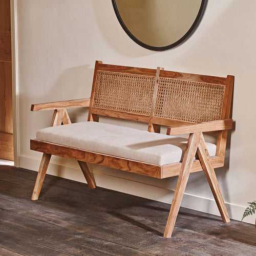 Mid Century Sheesham Wood Relaxing Bench with rattan cane & seat cushion