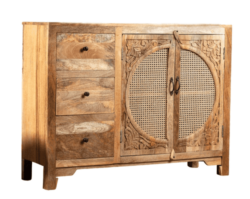 Mid Century wooden sideboard cabinet with rattan cane work & hand carving !