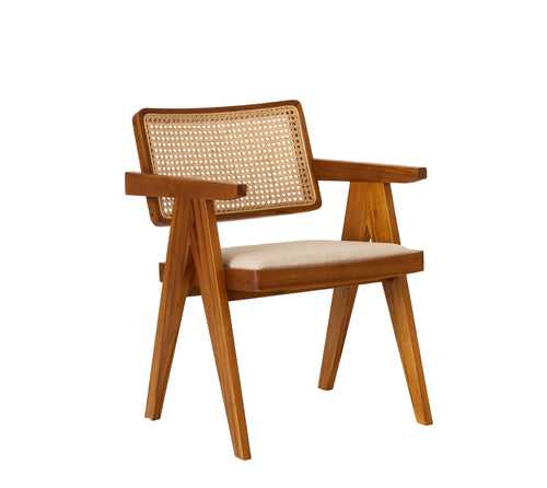 Mid Century wooden Relaxing Arm Chandigarh chair with cane work & seat cushion !