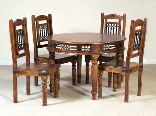 Solid Sheesham Wood Round Dining Table Furniture Set with 4 Chairs