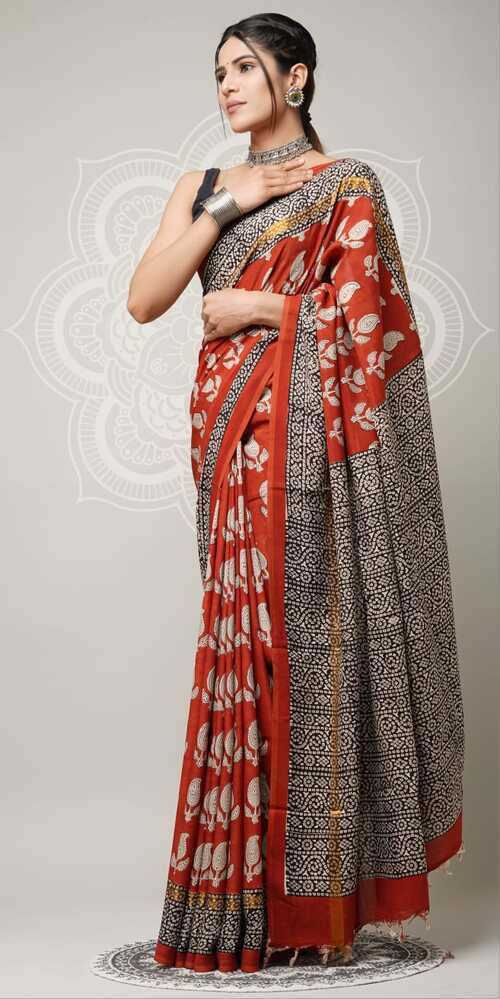 Assam silk Hand blockprint Sarees, with Blouse