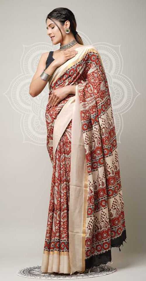 Assam silk Hand blockprint Sarees, with Blouse