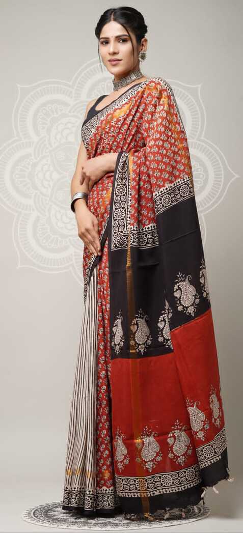 Assam silk Hand blockprint Sarees, with Blouse