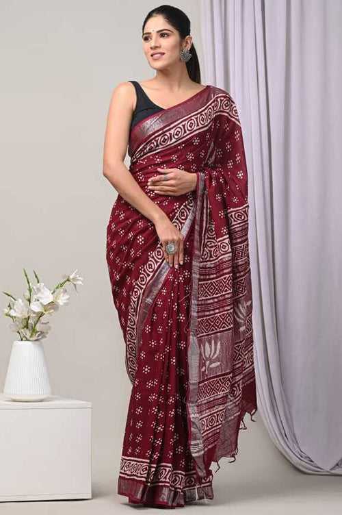 Cotton Linen Hand blockprint Saris, with Blouse