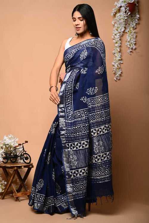 Cotton Linen Hand blockprint Saris, with Blouse