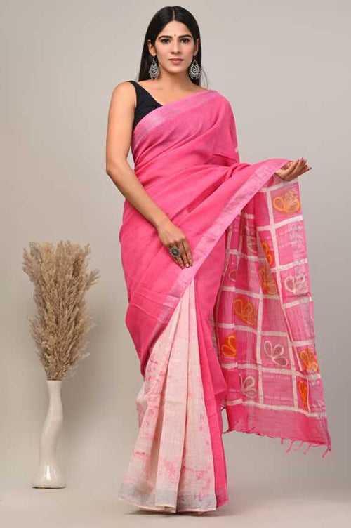 Cotton Linen Hand blockprint Saris, with Blouse