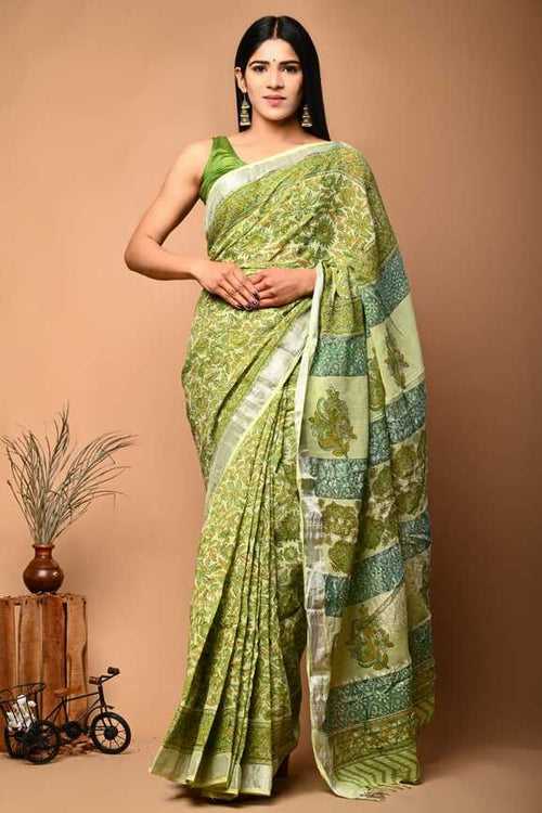 Cotton Linen Hand blockprint Saris, with Blouse