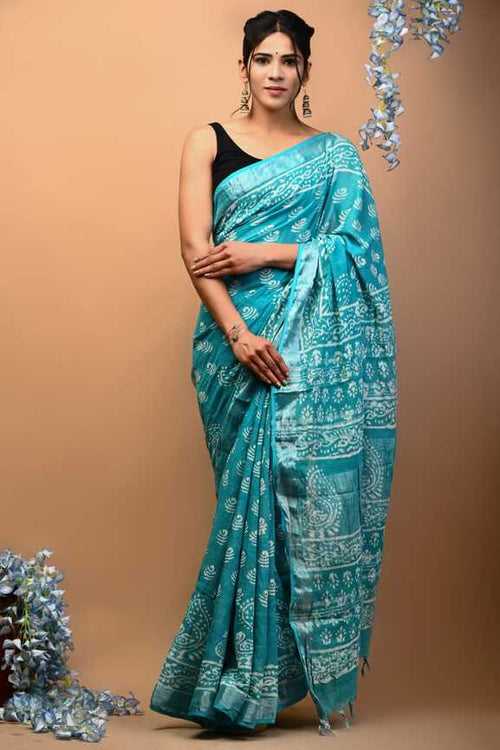 Cotton Linen Hand blockprint Saris, with Blouse