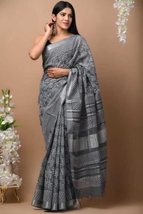 Cotton Linen Hand blockprint Saris, with Blouse