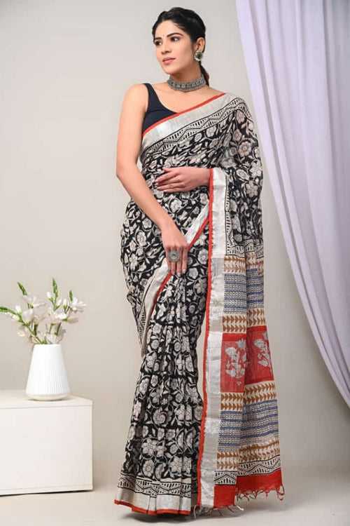 Cotton Linen Hand blockprint Saris, with Blouse