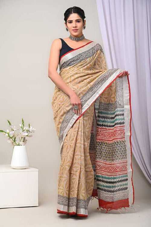 Cotton Linen Hand blockprint Saris, with Blouse