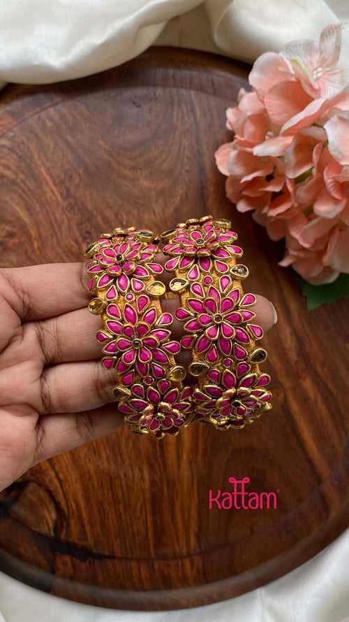 3D Kundan Pink Flower Bangle Set